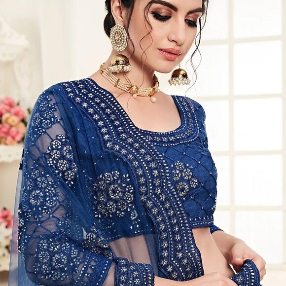 Designer Pakistan Net Embroidered Royal Blue Lehenga For Weddings & Bridal Wear - Picture 2 of 4